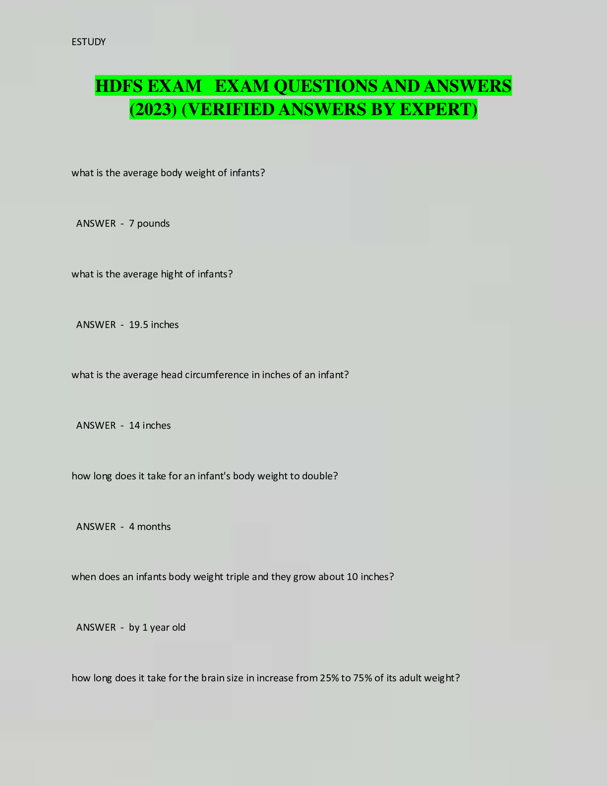 Preview image for HDFS EXAM EXAM QUESTIONS AND ANSWERS  (2023) (VERIFIED ANSWERS BY EXPERT)